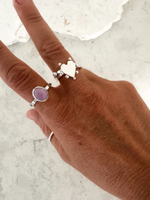 Phosphosiderite gemstone 3 ring set stack rings. Silver handout heart ring. Sterling silver ocean safe. Style them together, with other stack rings or by themselves