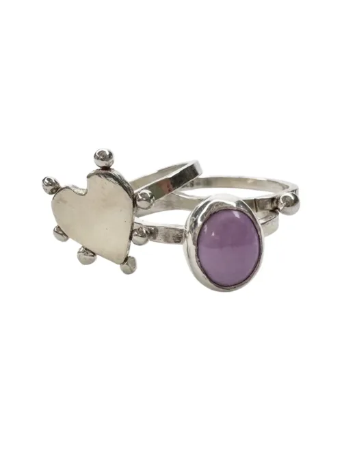Phosphosiderite purple gemstone 3 ring set stack rings. Silver handout heart ring. Sterling silver ocean safe. Style them together, with other stack rings or by themselves