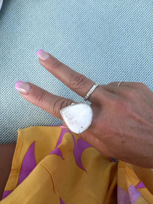 feature ring with large Scolecite gemstone and wide curve band steling silver ring-handmade boho style
