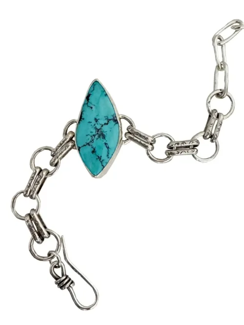 Handmade sterling silver round chain link bracelet featuring large genuine turquoise gemstone-handmade in Australia by Rico Designs Jewellery