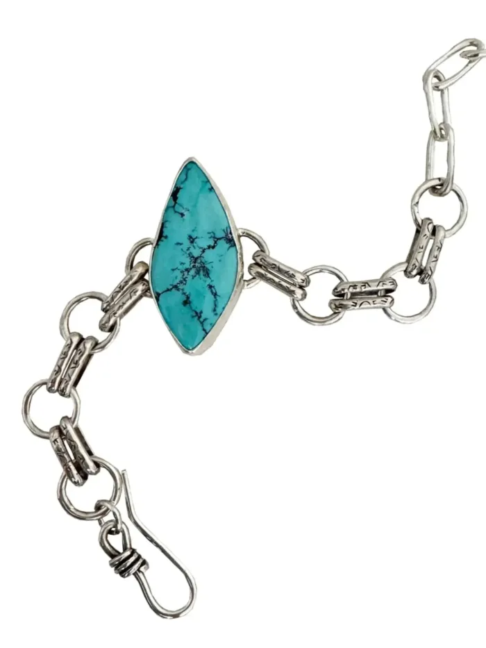 Handmade sterling silver round chain link bracelet featuring large genuine turquoise gemstone-handmade in Australia by Rico Designs Jewellery