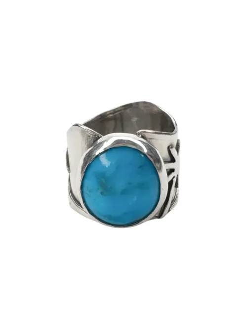 handmade chunky turquoise ring set in sterling silver with hand cut palm trees and waves ocean safe beach inspired