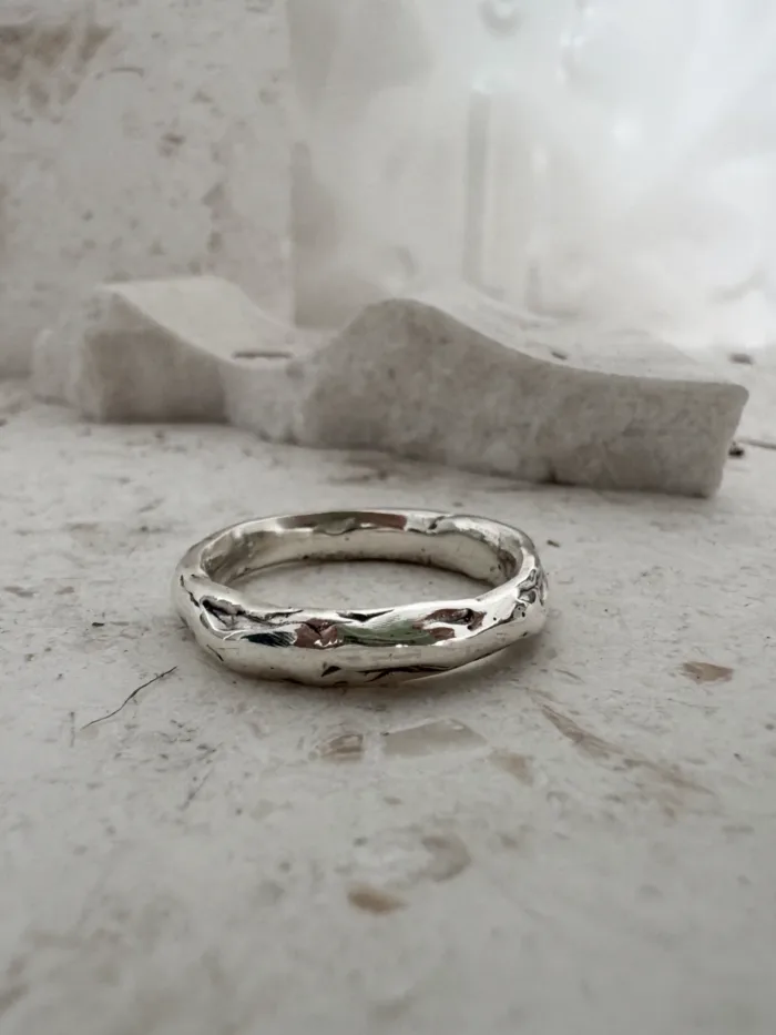molten texture surface sterling silver ring band. Great for stacking. ocean safe safe. Handmade in Sydney Australia