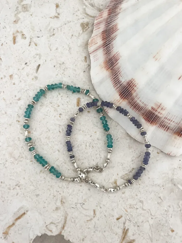 Handmade apatite gemstone and tanzanite gemstone bracelet with pure silver -hand made in Australia by Rico Designs Jewellery