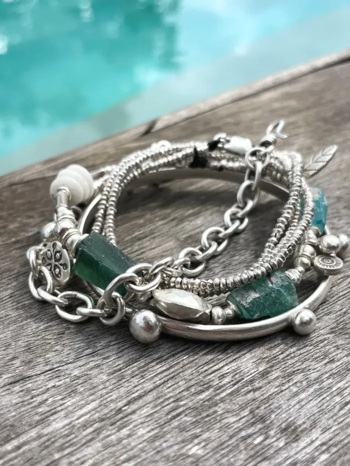 Handmade pure silver bracelet featuring ancient glass beads – ocean safe jewellery for everyday wear