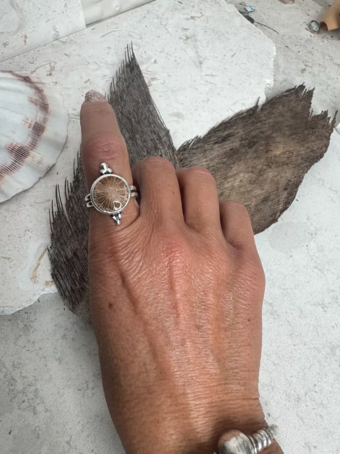 handmade sterling silver fossilised coral ring. inspired by the ocean. Unique jewellery