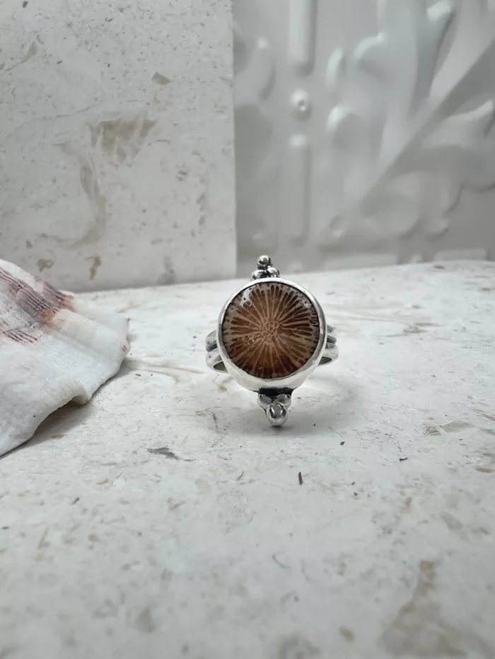handmade sterling silver fossilised coral ring. inspired by the ocean. Unique jewellery