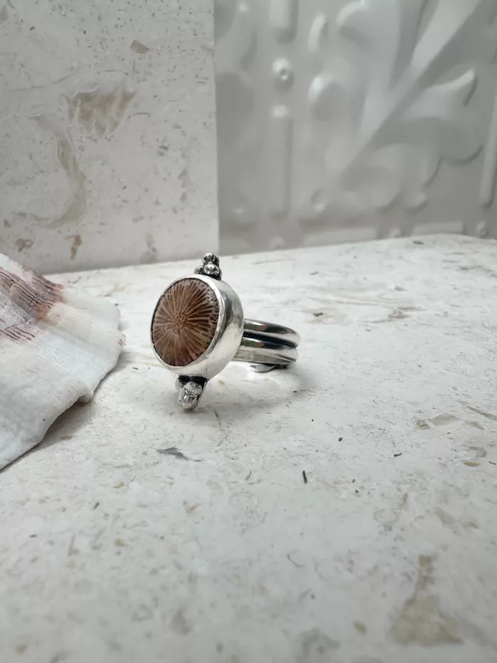 handmade sterling silver fossilised coral ring. inspired by the ocean. Unique jewellery
