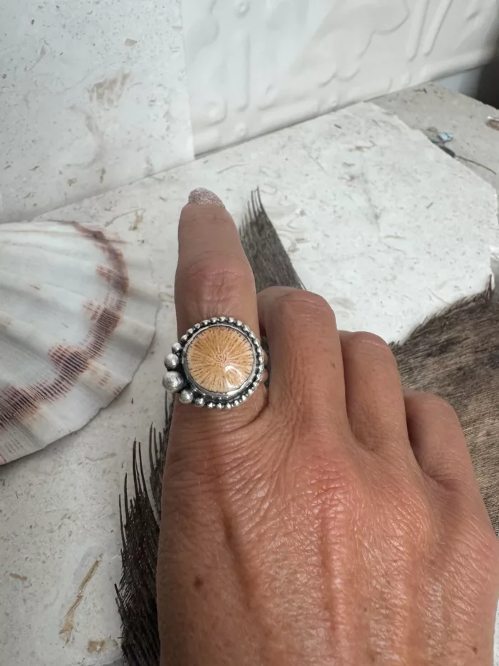 handmade sterling silver fossilised coral ring. inspired by the ocean. Unique jewellery