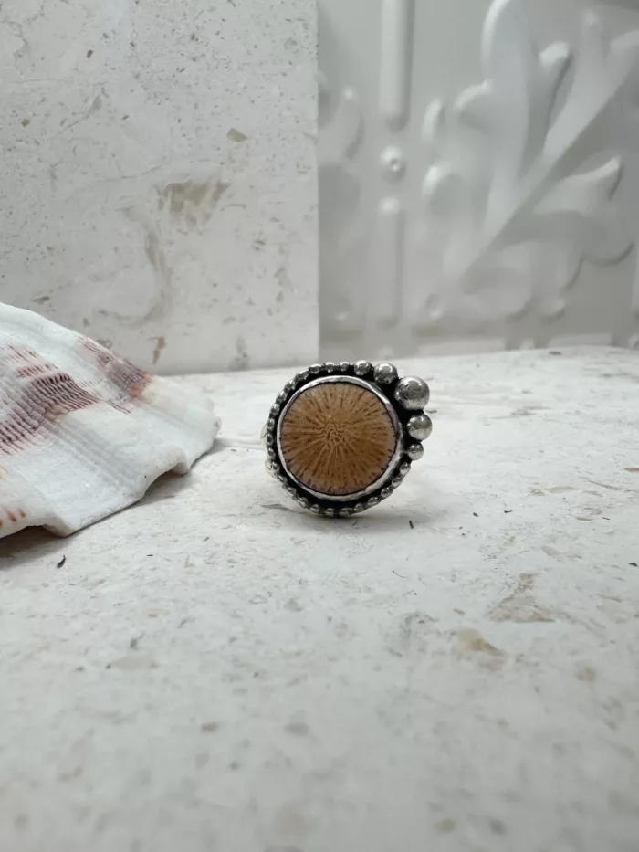 handmade sterling silver fossilised coral ring. inspired by the ocean. Unique jewellery