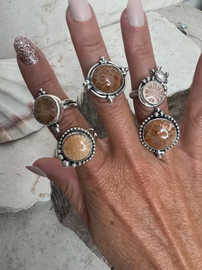 handmade sterling silver fossilised coral ring. inspired by the ocean. Unique jewellery