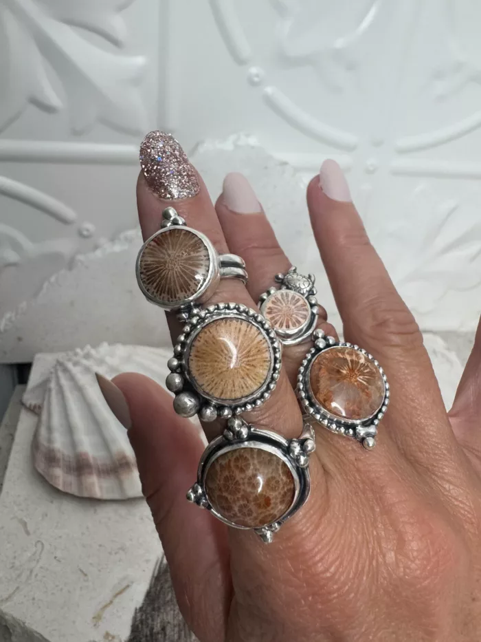 handmade sterling silver fossilised coral ring. inspired by the ocean. Unique jewellery