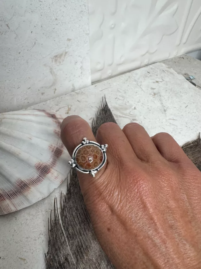 handmade sterling silver fossilised coral ring. inspired by the ocean. Unique jewellery