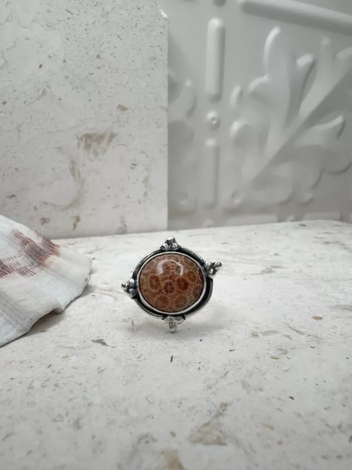 handmade sterling silver fossilised coral ring. inspired by the ocean. Unique jewellery