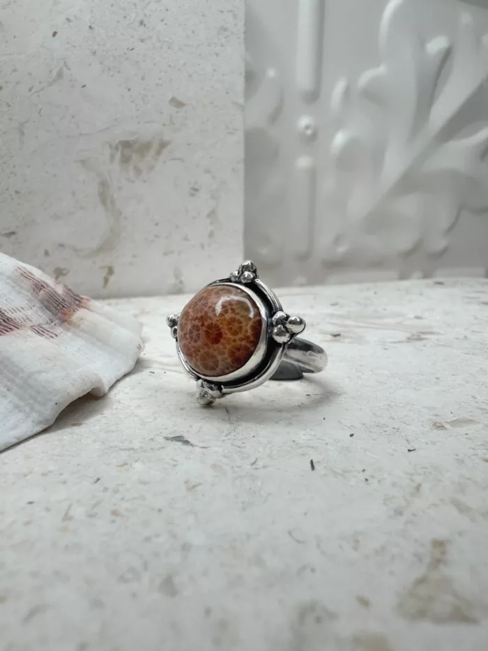 handmade sterling silver fossilised coral ring. inspired by the ocean. Unique jewellery