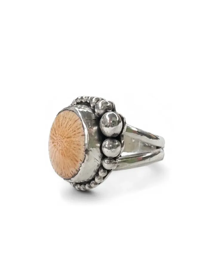 handmade sterling silver fossilised coral ring. inspired by the ocean. Unique one of a kind jewellery