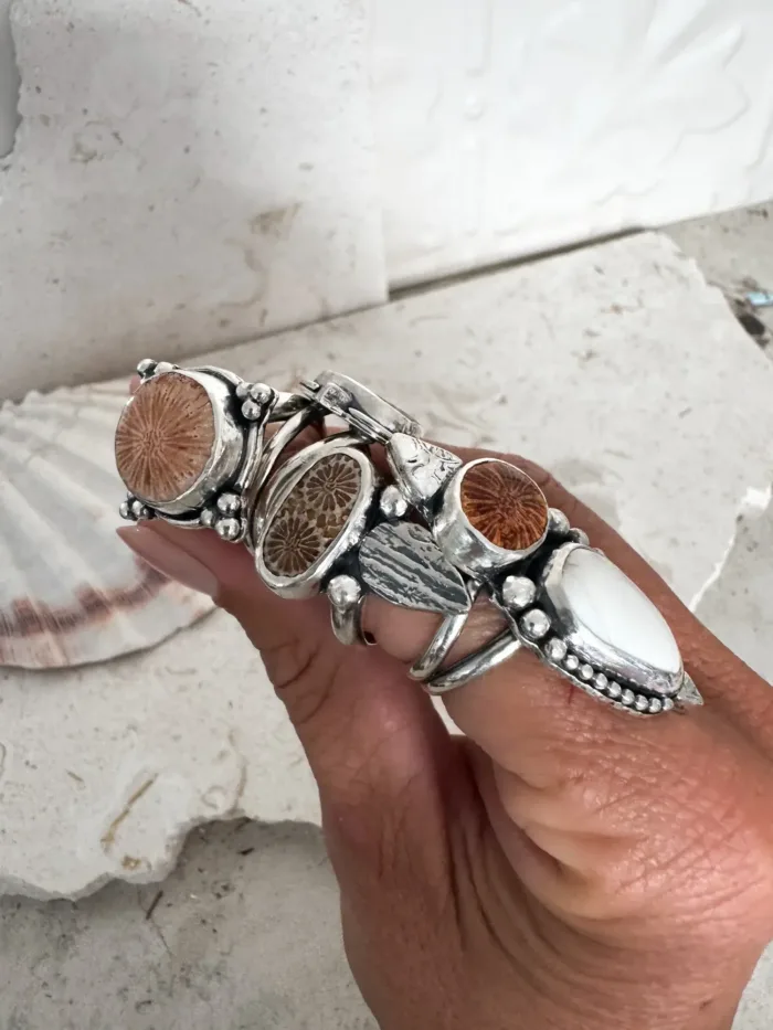 handmade sterling silver ring with fossilised coral. Unique one of a kind rings.
