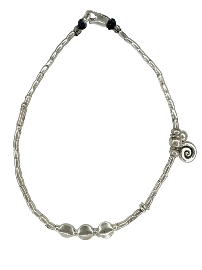 boho luxe pure silver anklet with silver spiral charm. Everyday staple jewellery - designed to wear everyday. Ocean safe