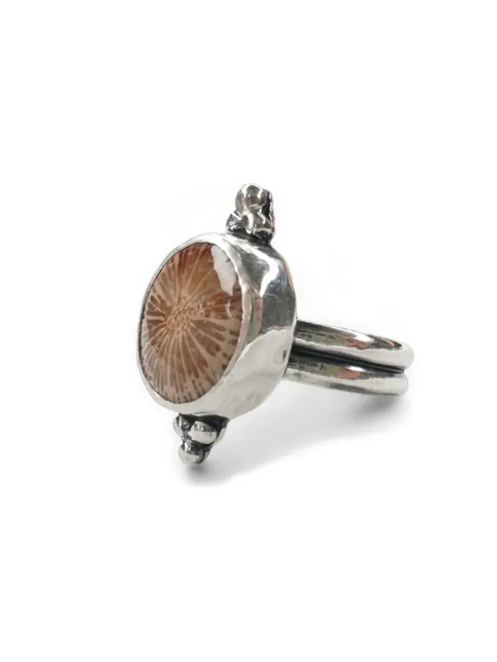 handmade sterling silver fossilised coral ring. inspired by the ocean. Unique jewellery