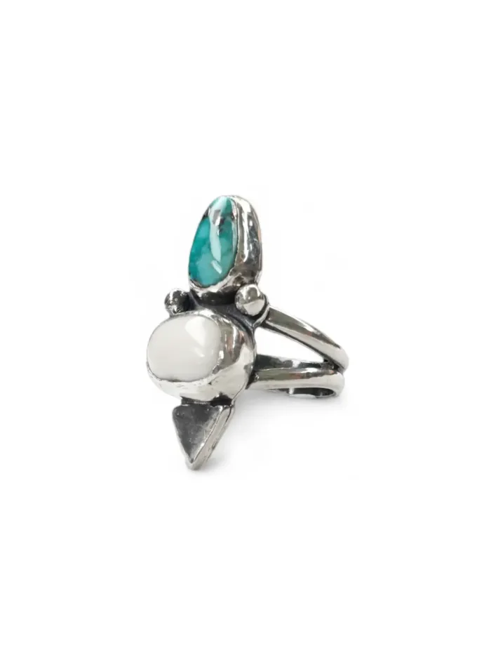 handmade sterling silver ring with white water turquoise and white buffalo gemstone. Boho style 2 gemstone ring.