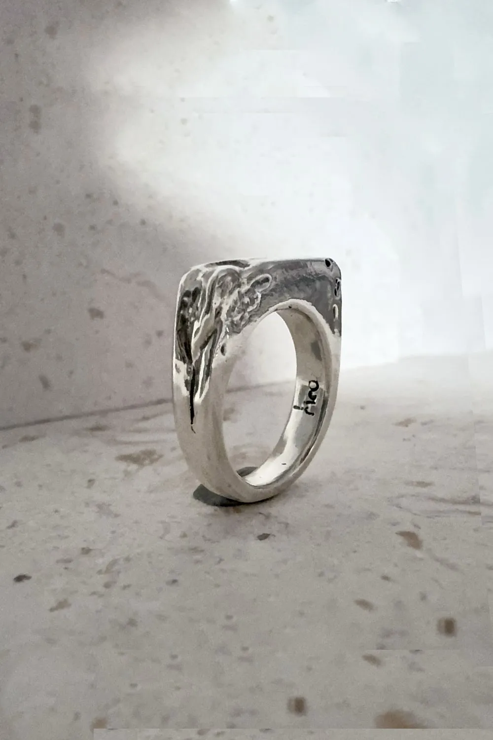 chunky silver signet ring with eroded edge. handmade ring