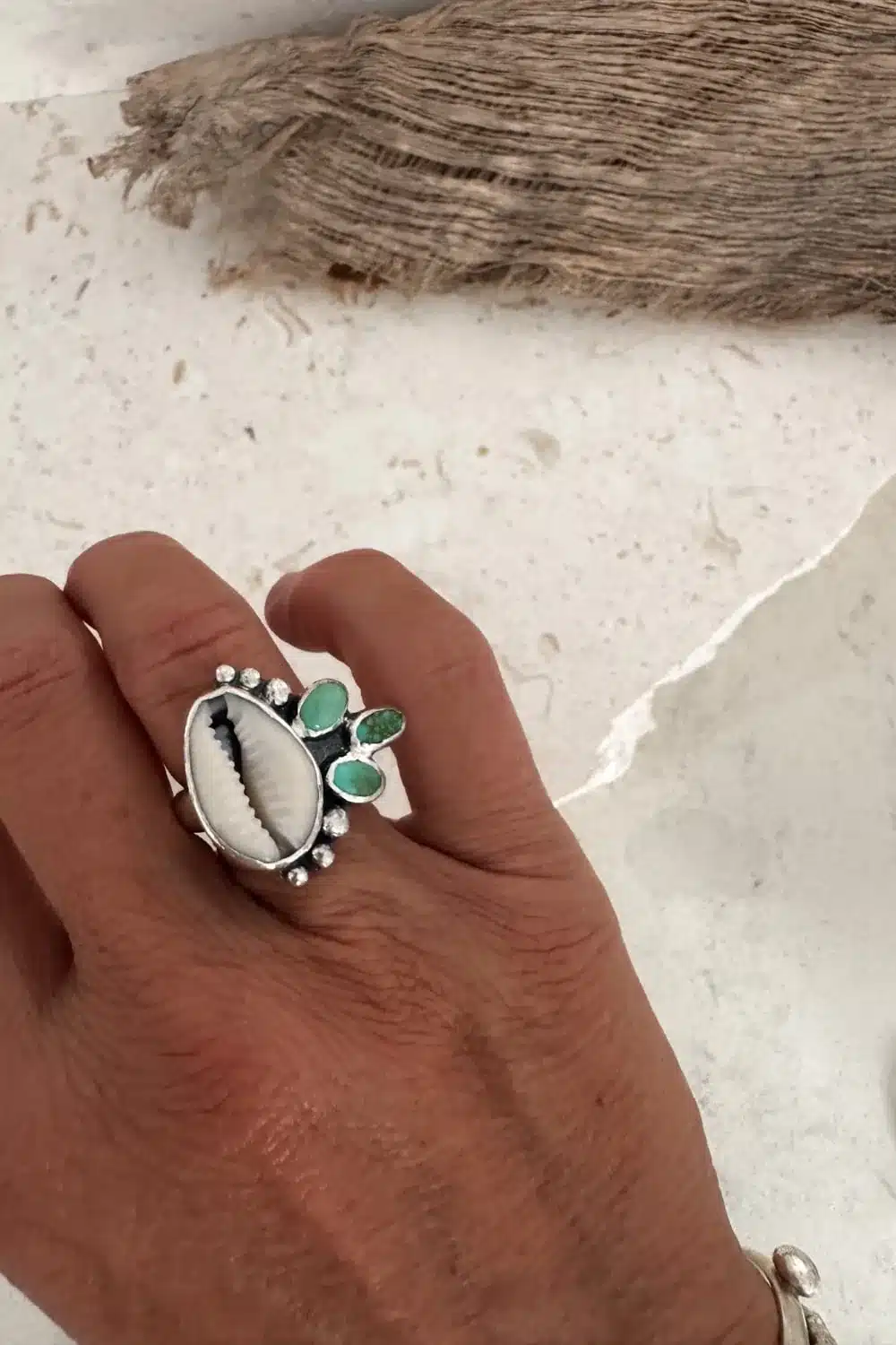 natural cowrie shell with very valley turquoise cluster sterling silver ring