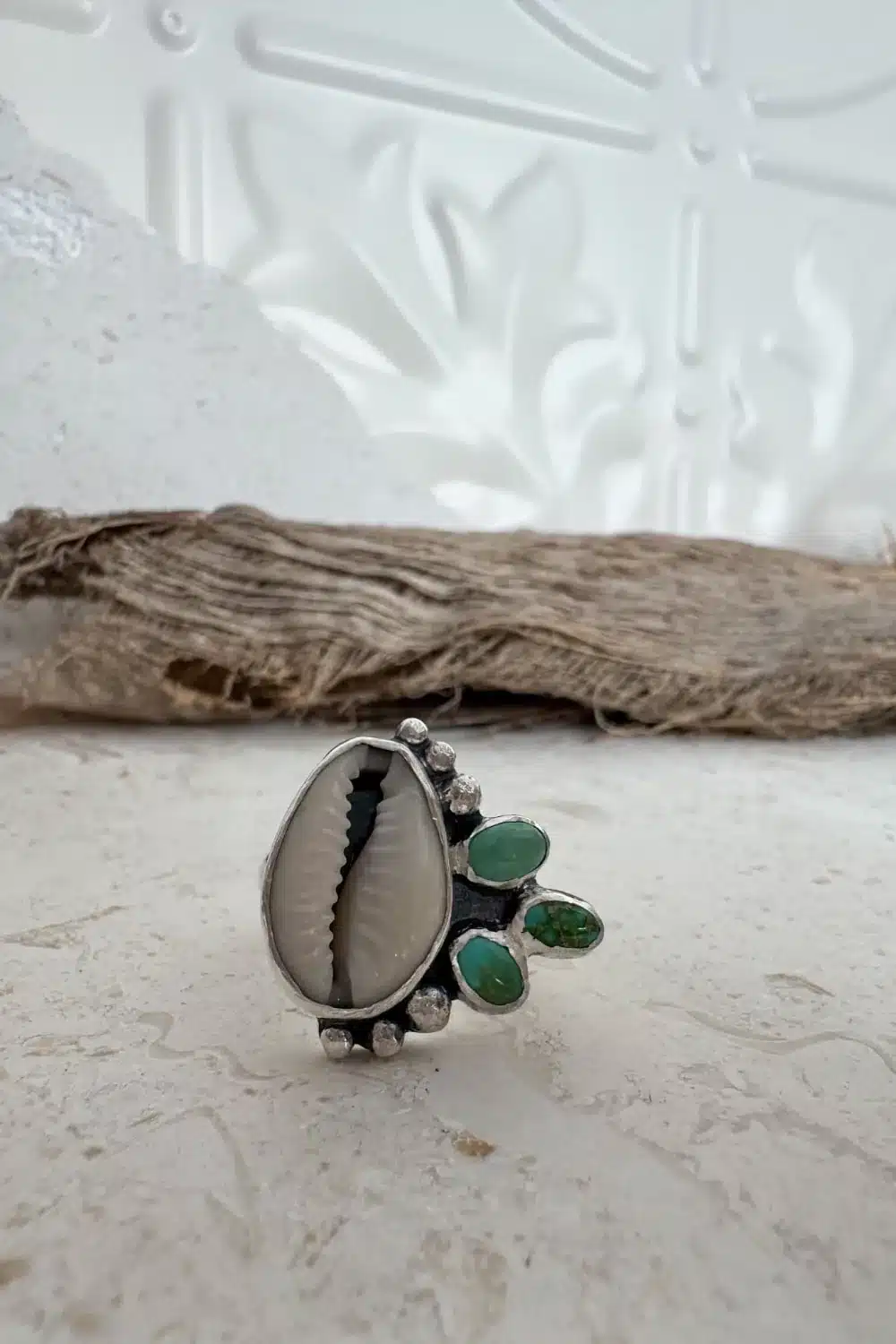 natural cowrie shell with very valley turquoise cluster sterling silver ring