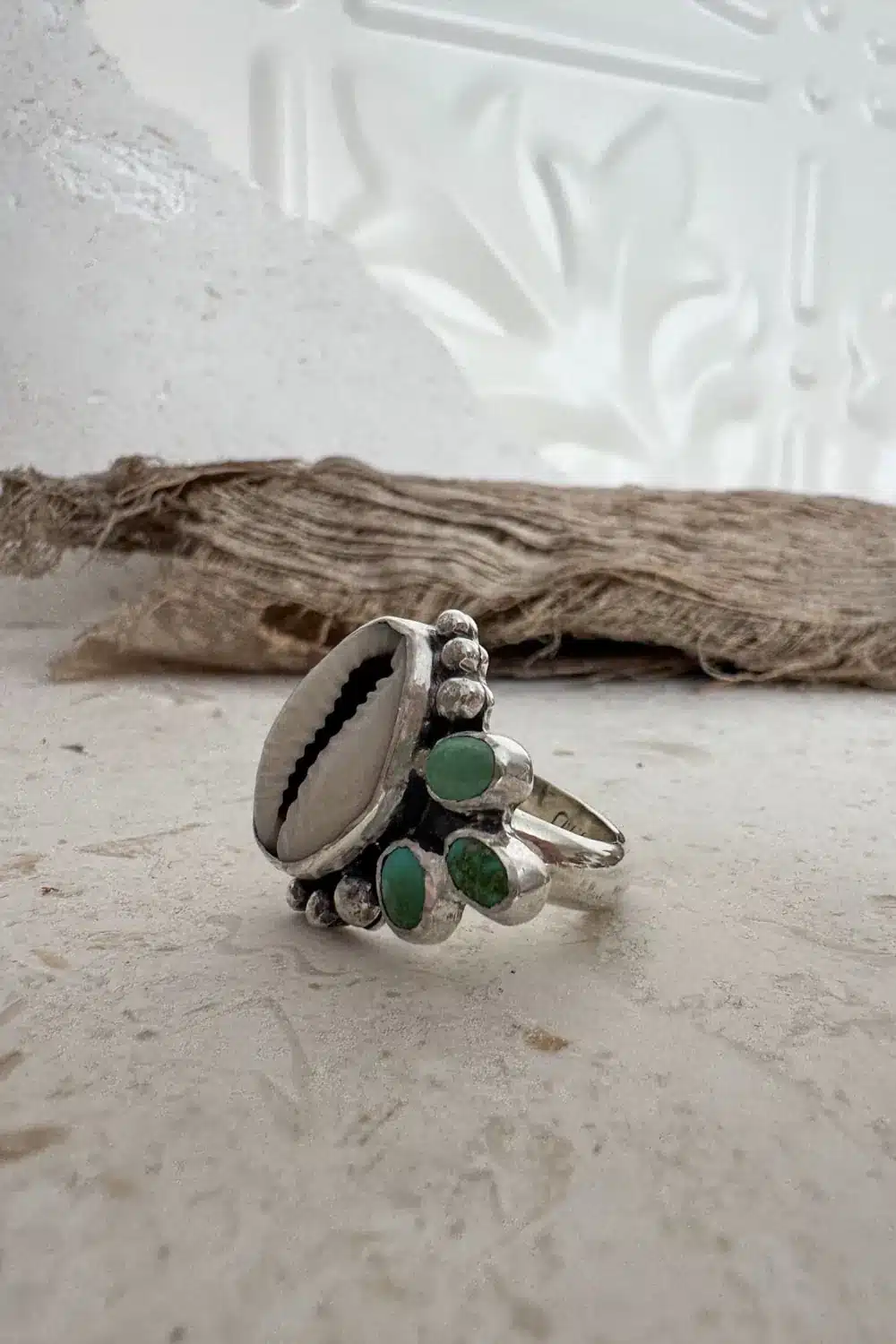 natural cowrie shell with very valley turquoise cluster sterling silver ring