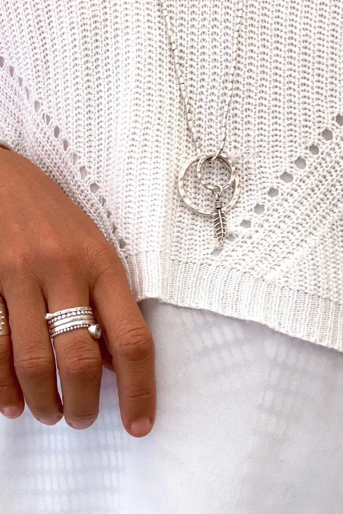 long bohemian style pure silver necklace with 2 ring tassel ocean safe handmade jewellery