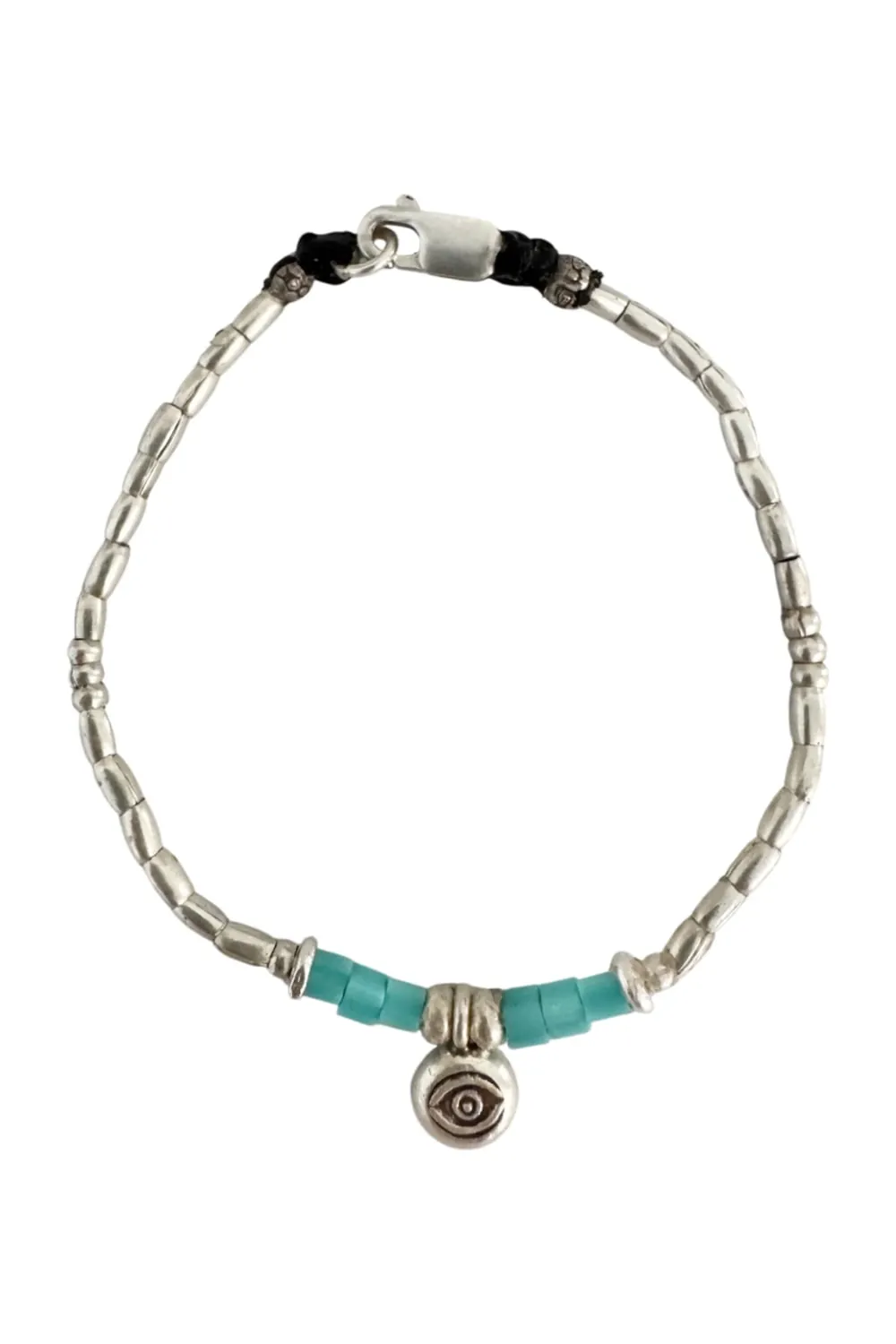 protection charm pure silver women's bracelet with blue seed bead. tug proof for active mums, ocean safe