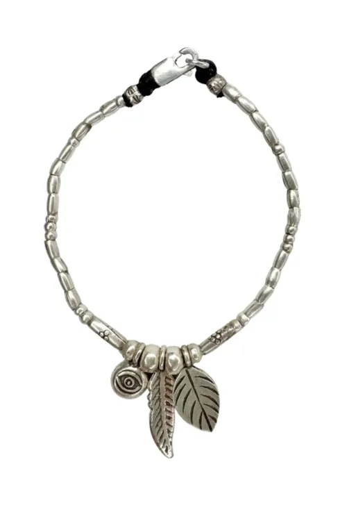 pure silver women's bracelet with feather pendant and eye charm. Perfect to wear everyday. Ocean safe and tub proof for active mums.