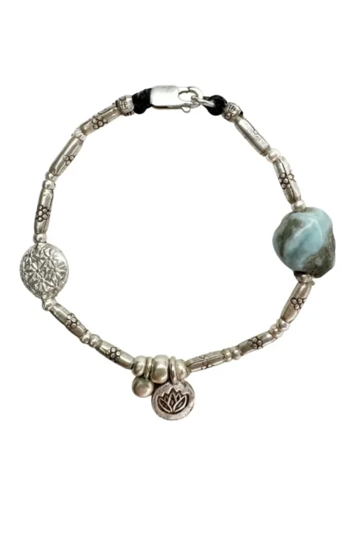 pure silver bracelet boho inspired with Larimar nugget gemstone. flower of life charm and lotus flower pendant. ocean safe.