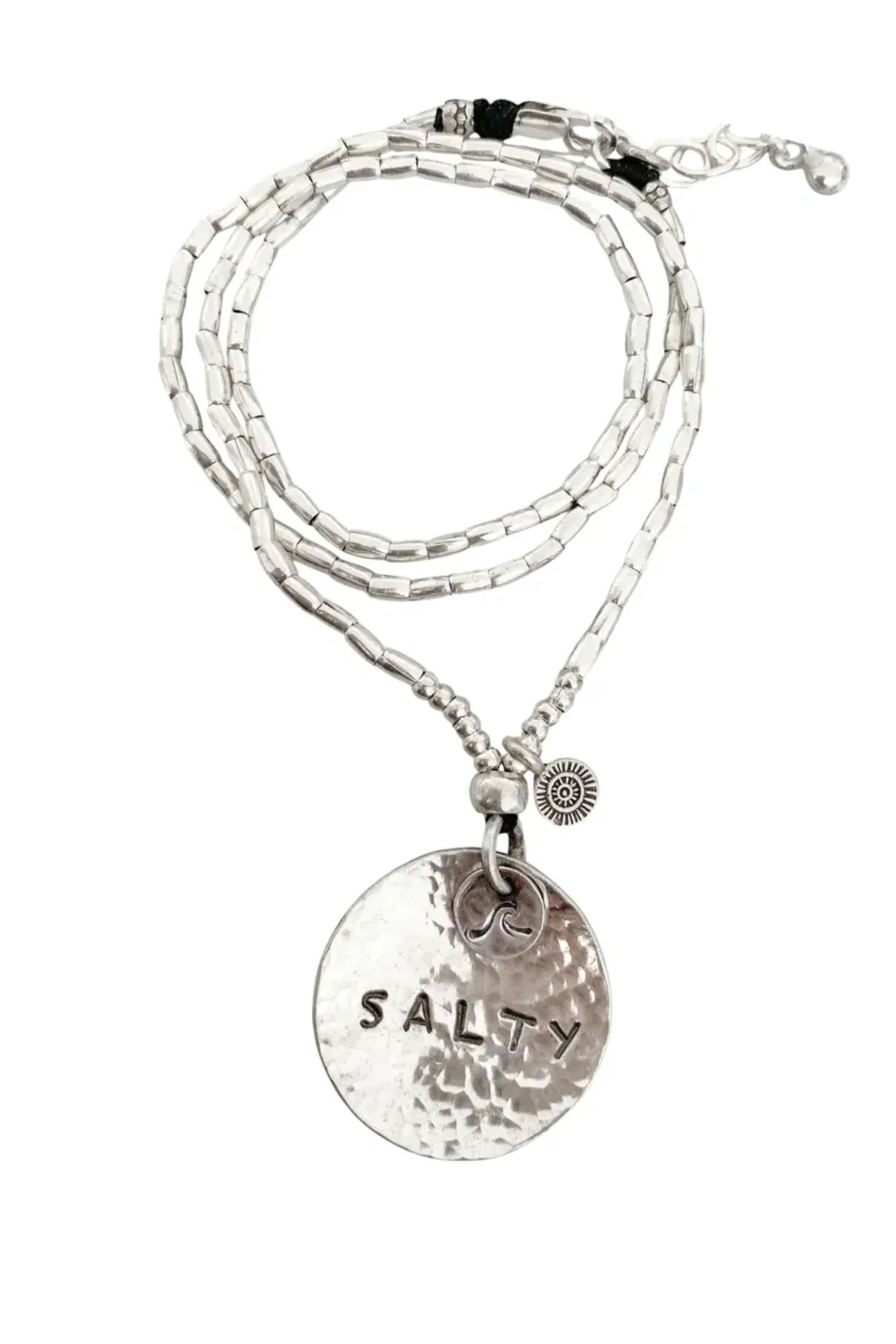 Large hand cut sterling silver disc necklace with hand stamped salty. ocean inspired jewellery ocean safe and tug proof for active mum like.