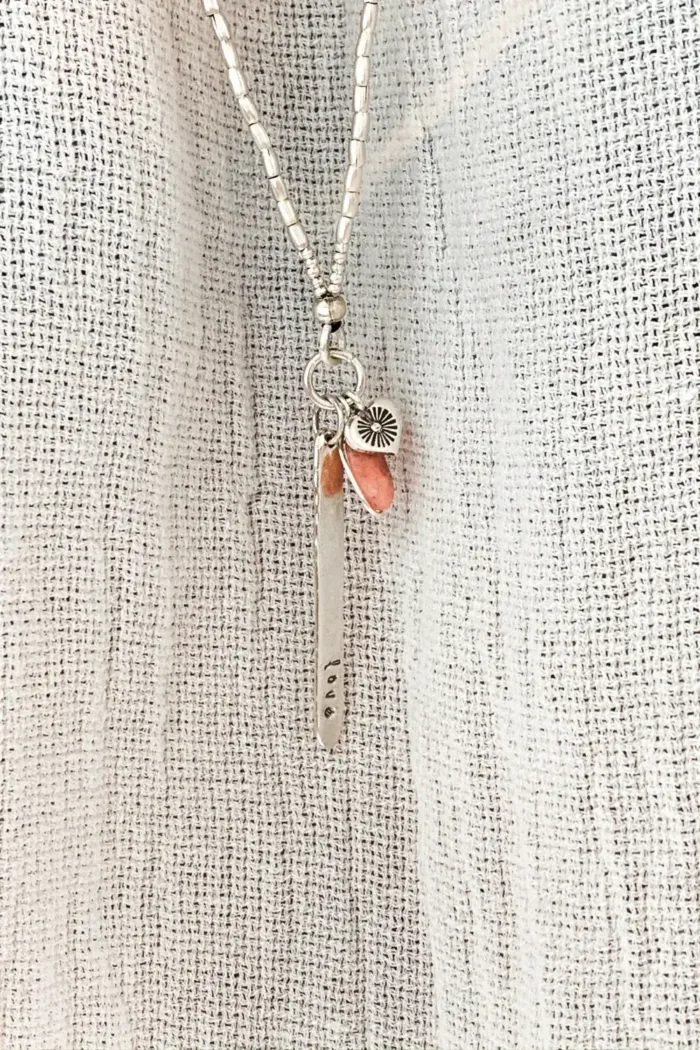 love hand stamped silver stick pendant long pure silver long necklace with pink opal. ocean safe safe