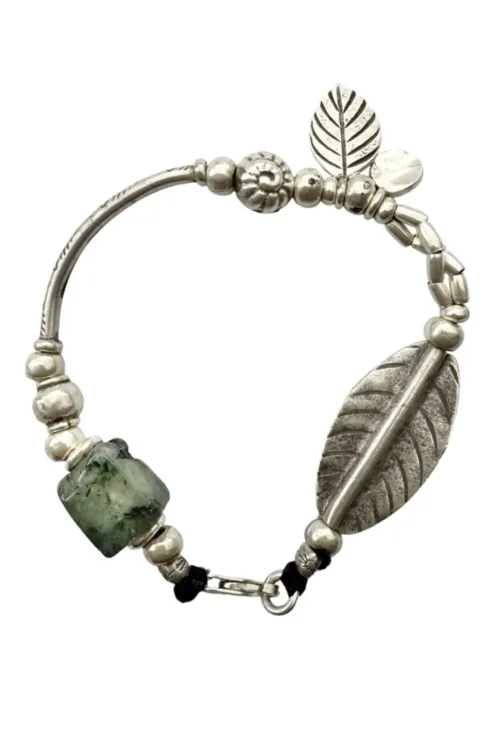pure silver bracelet with prehnite gemstone. Ocean safe and perfect to add to a bracelet stack. tug proof jewellery that's perfect for mums
