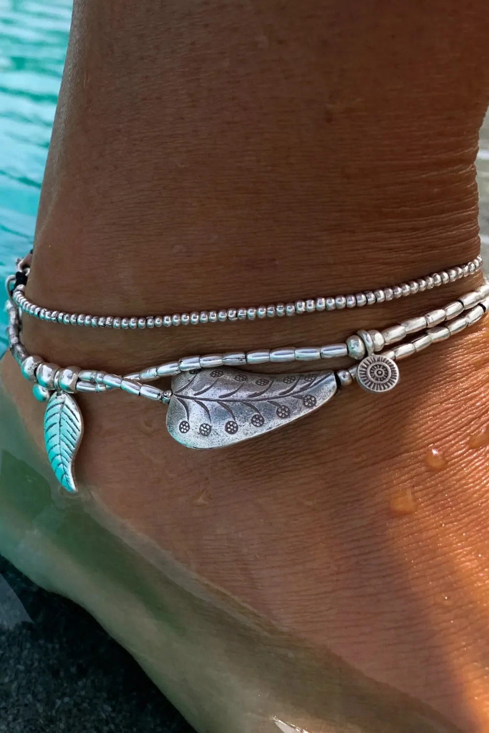 multi strand pure silver anklet with large silver heart bead. Instant anklet stack. ocean safe.