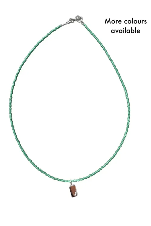 petite silver rectangle pendant with moon on seed bead chain short necklace handmade. More colours available