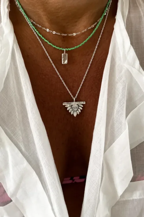 petite silver rectangle pendant with moon on seed bead chain short necklace handmade. More colours available