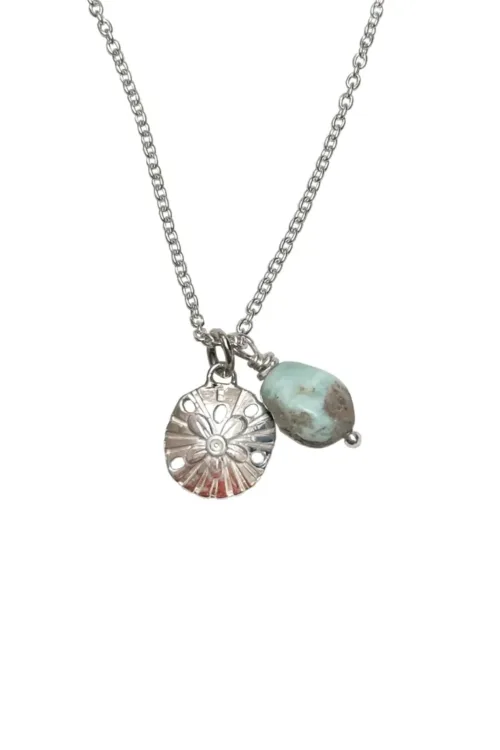 sterling silver necklace with silver sand dollar pendant and Larimar nugget. Handmade in Sydney, Australia. Ocean safe