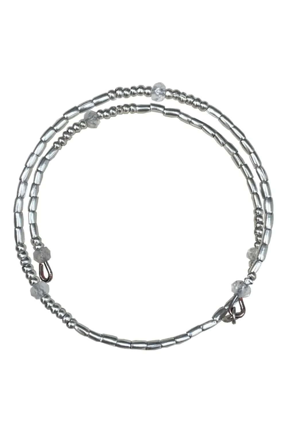 memory wire double wrap bracelet with pure silver and crystal quartz gemstone. Customisable charm pendant