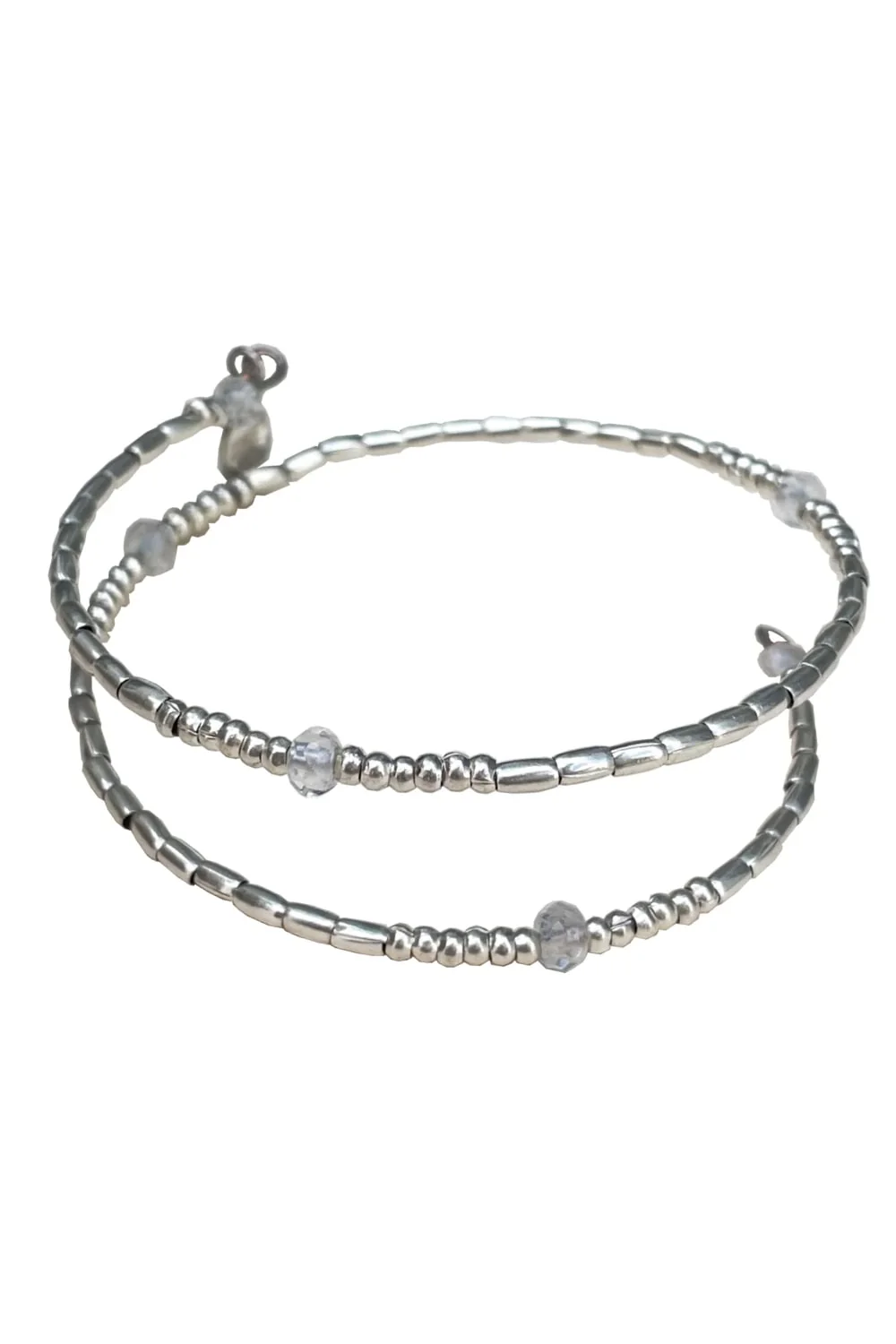 memory wire double wrap bracelet with pure silver and crystal quartz gemstone. Customisable charm pendant