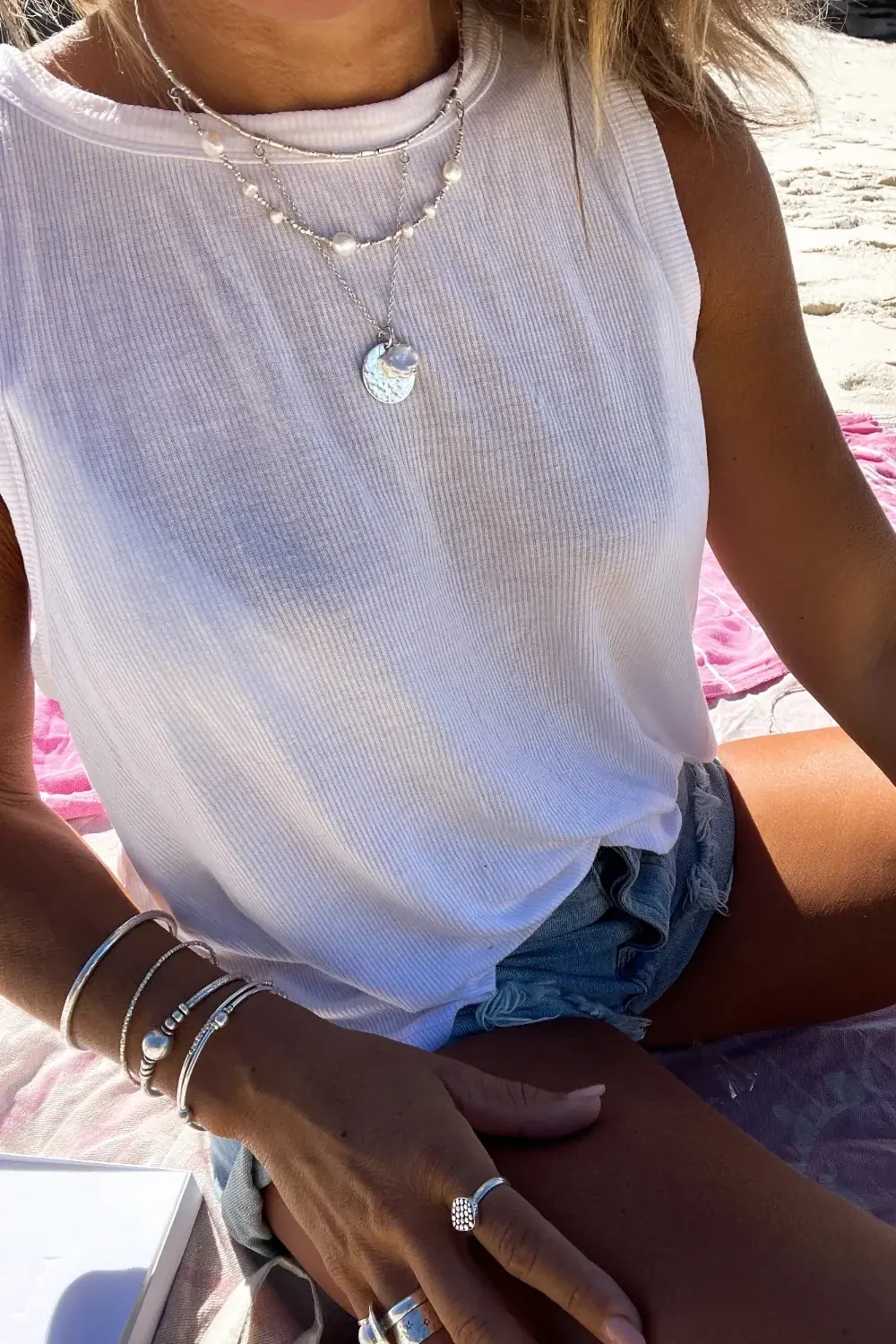 3 necklaces in one. An instant necklace stack. memory wire pure silver combined with freshwater pearls and a sterling silver chain with sterling silver disc and floating pearl. A handmade one of a kind necklace, made tin australia