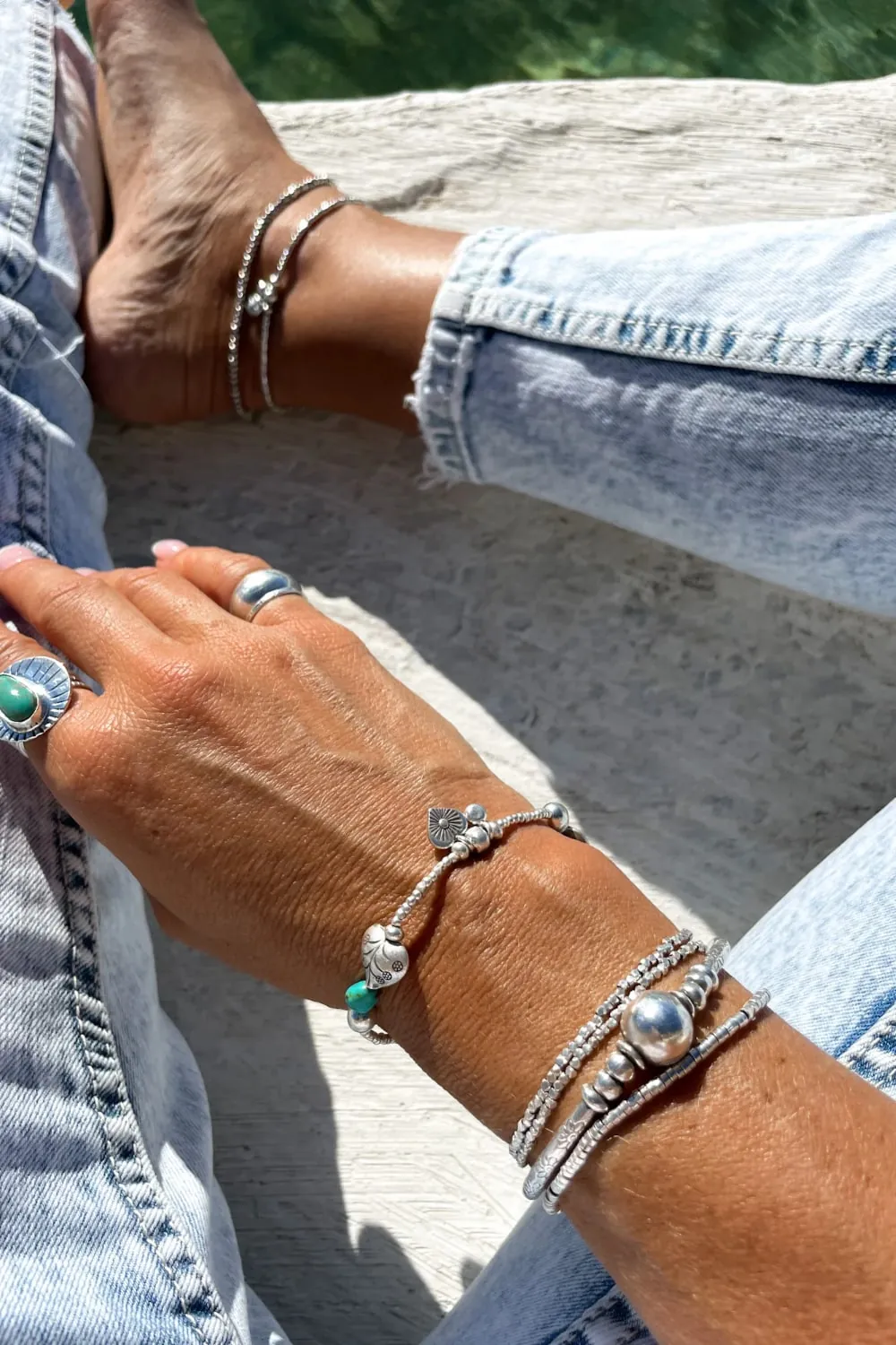 women silver jewellery. sterling silver bracelet made for stacking - 2 hearts - turquoise gemstones. Water safe for everyday wear. A great option for a bracelet stack