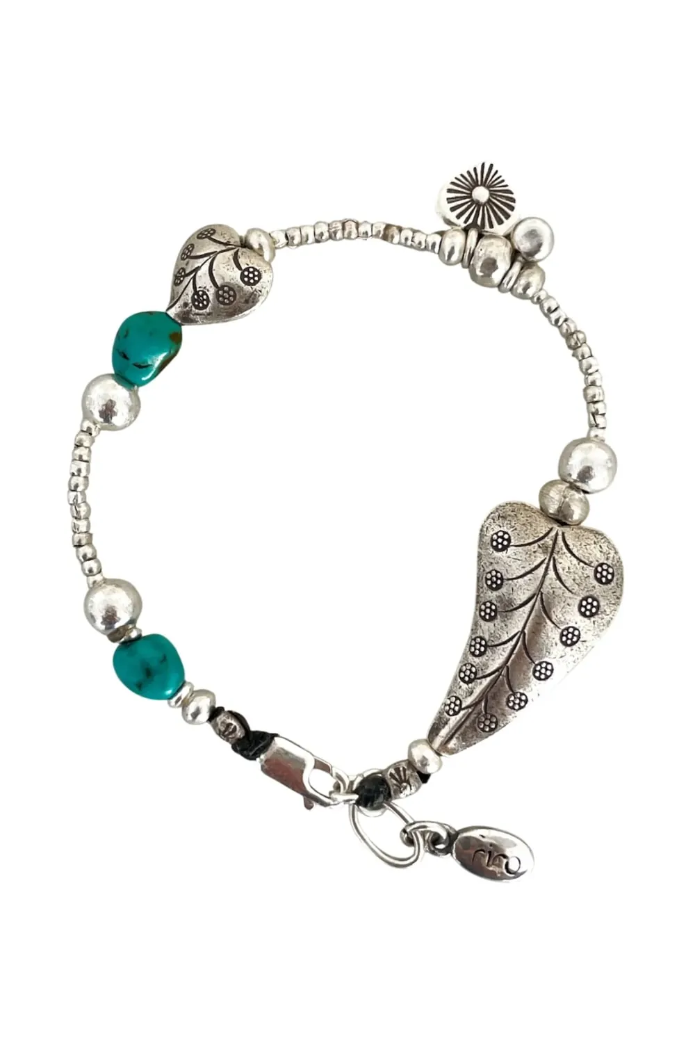 women silver jewellery. sterling silver bracelet made for stacking - 2 hearts - turquoise gemstones. Water safe for everyday wear. A great option for a bracelet stack