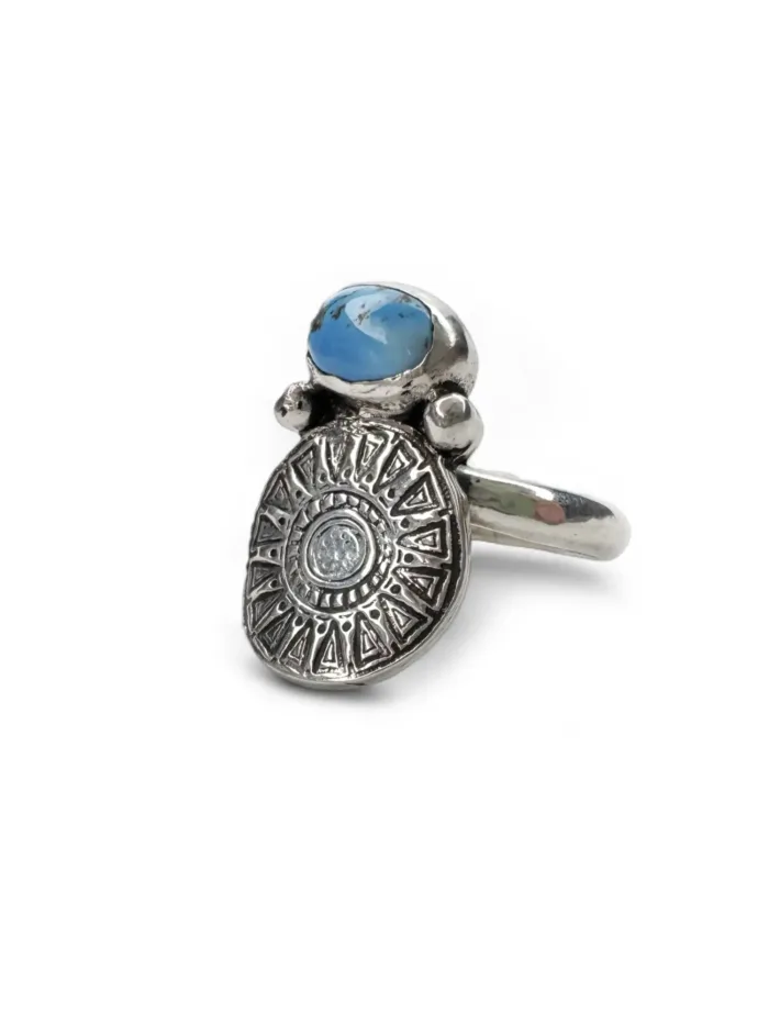 tribal silver round disc with golden hill turquoise handmade sterling silver ring ocean safe