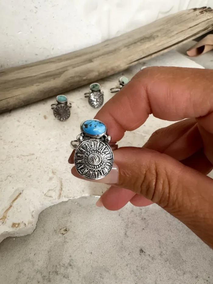tribal silver round disc with golden hill turquoise handmade sterling silver ring ocean safe