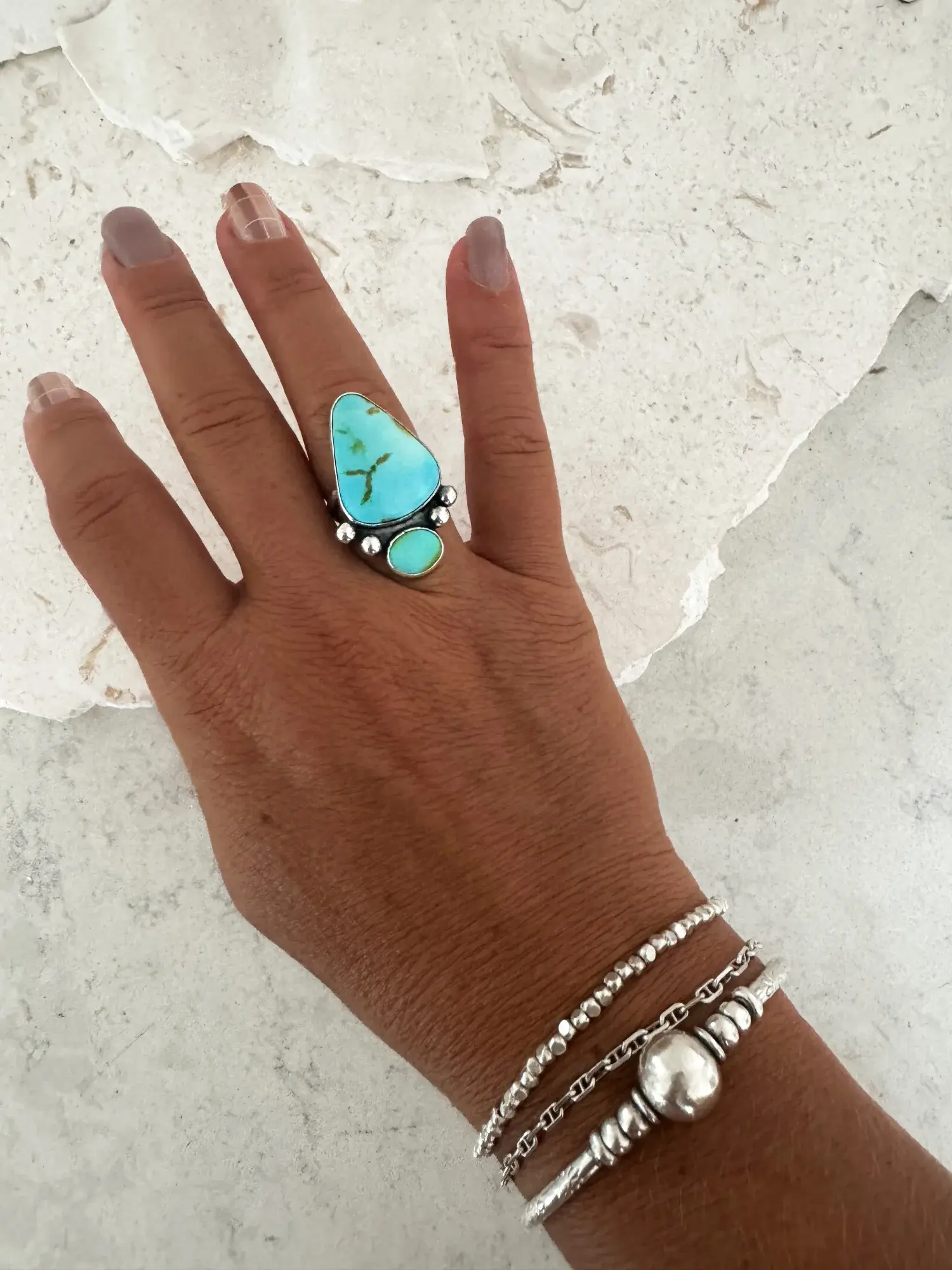 statement multi stone turquoise gemstone ring set in sterling silver with split ring shank. One of a kind ring handmade.