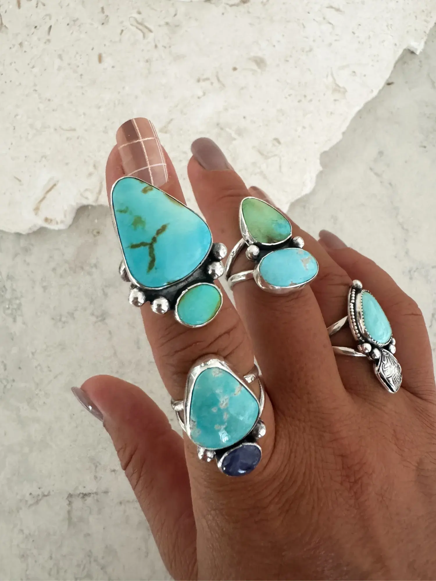 statement multi stone turquoise gemstone ring set in sterling silver with split ring shank. One of a kind ring handmade.