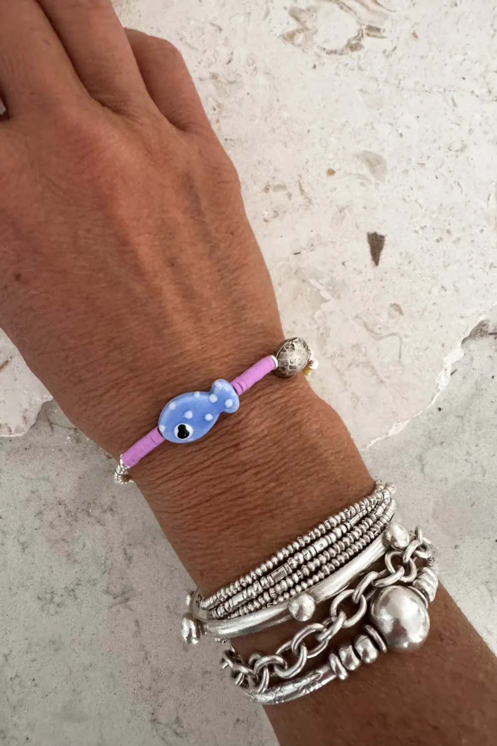 summer inspired bright purple bracelet with fish detail silver bracelet ocean safe