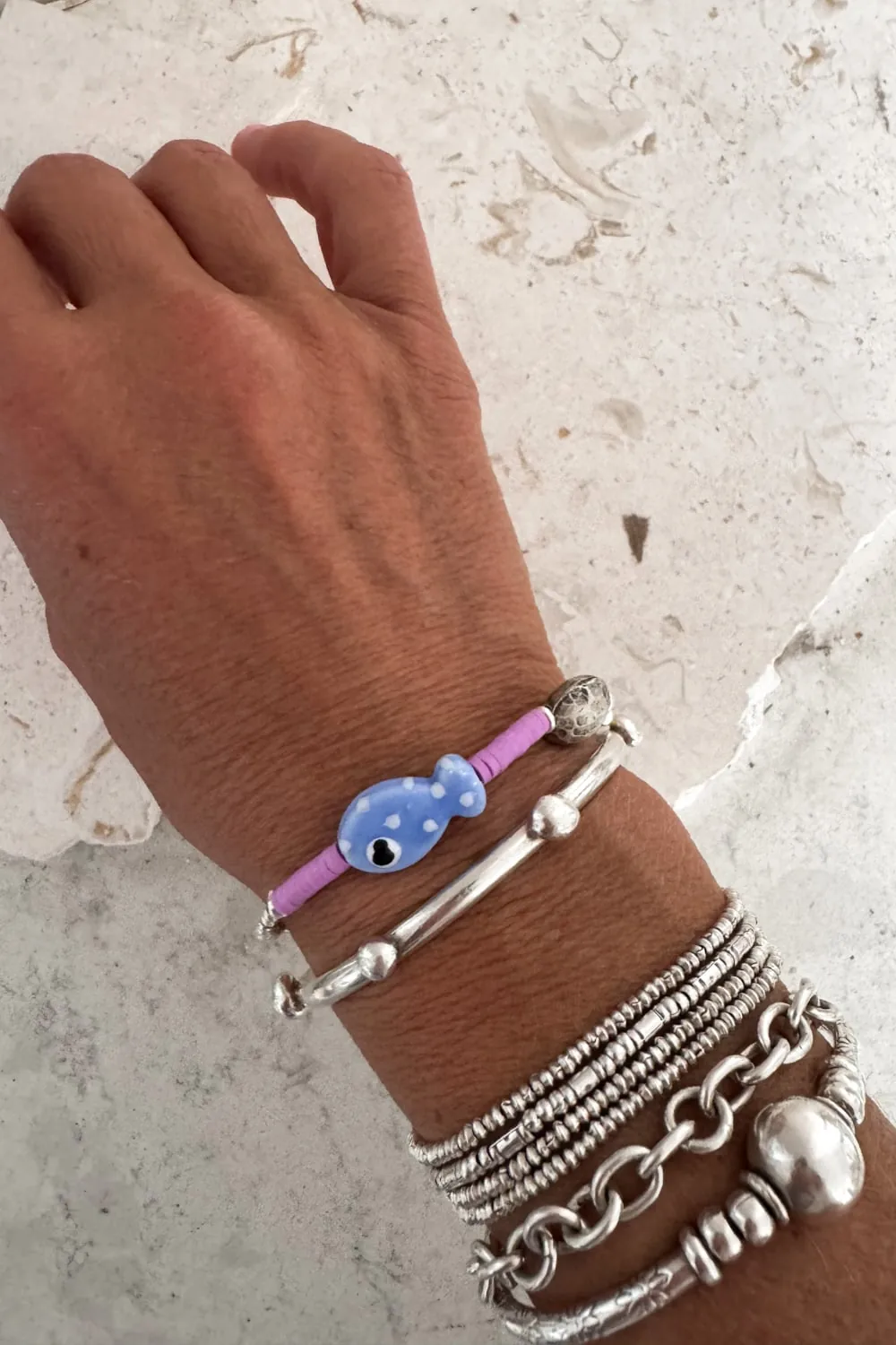 summer inspired colourful bracelet with fish detail silver bracelet ocean safe